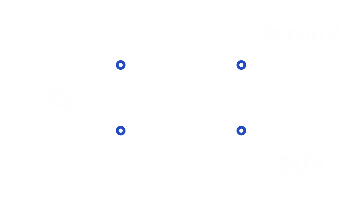 9 logos of popular investment apps and platforms available in Ireland including eToro, Trading 212 and Degiro.